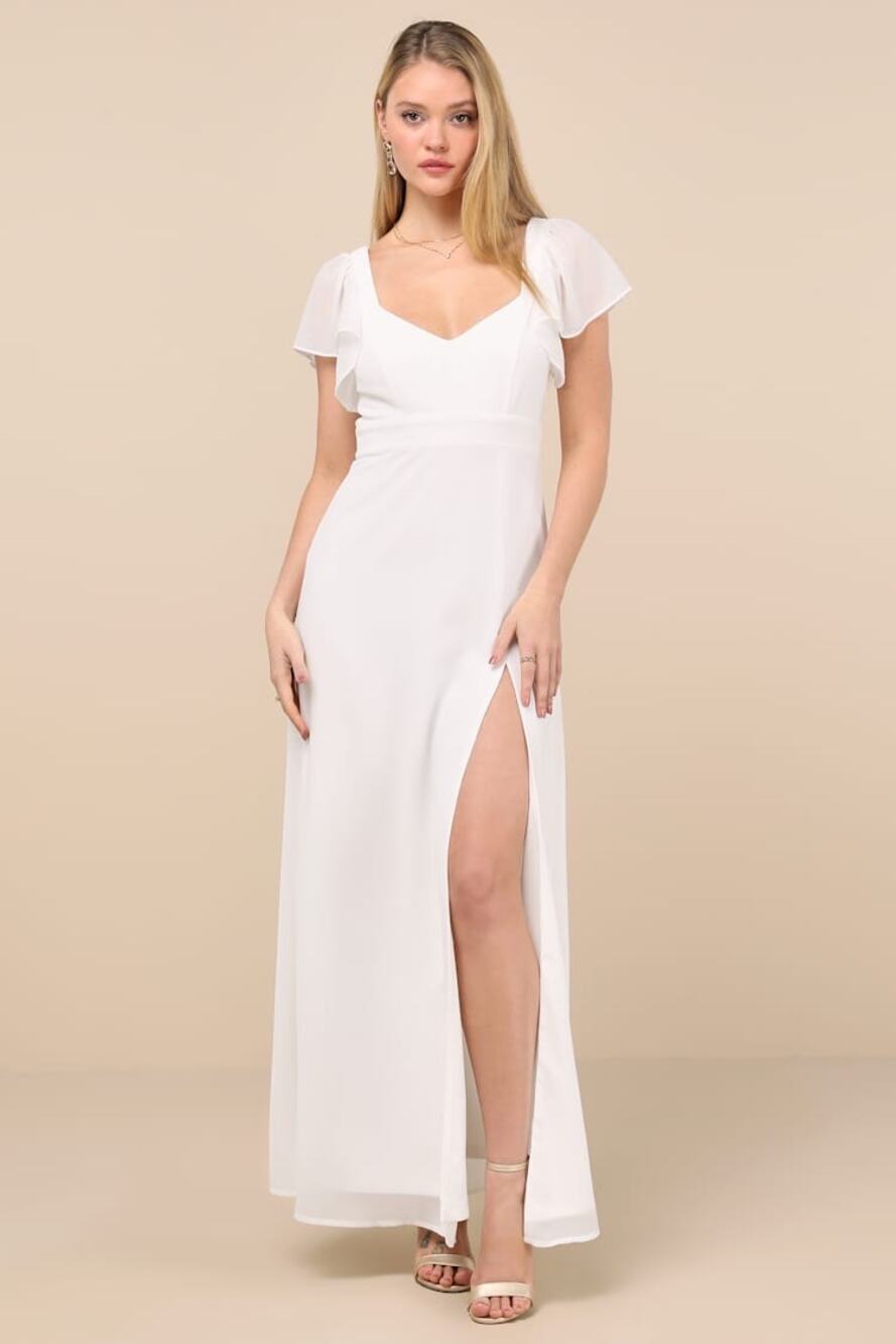 Lulus Simply Delightful White Tie Back Flutter Sleeve Maxi Dress Chiffon XL NWT